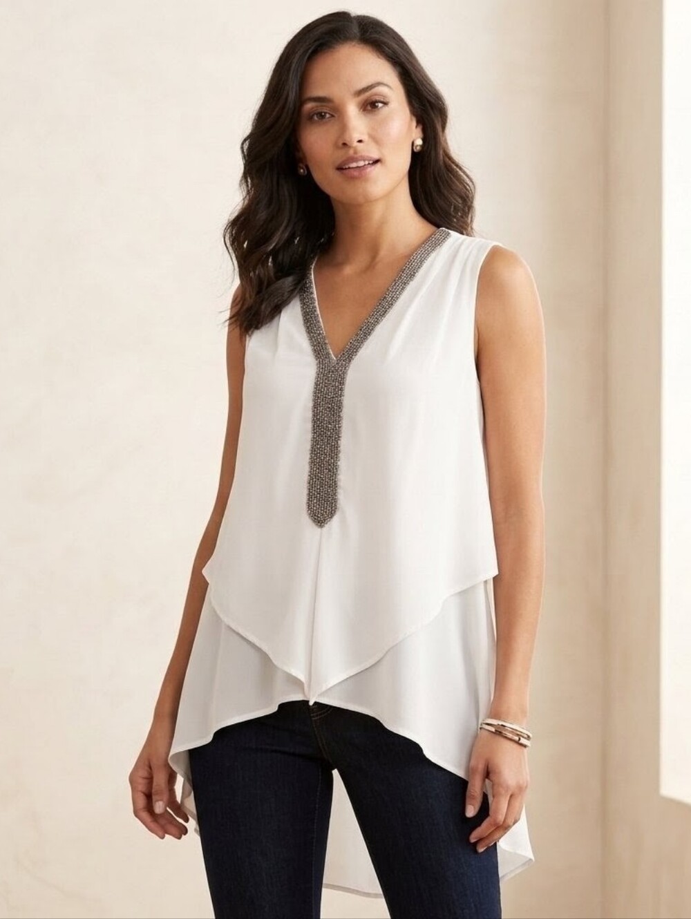 Spense Ivory Beaded V Neck Layered Asymmetrical Sleeveless Blouse M